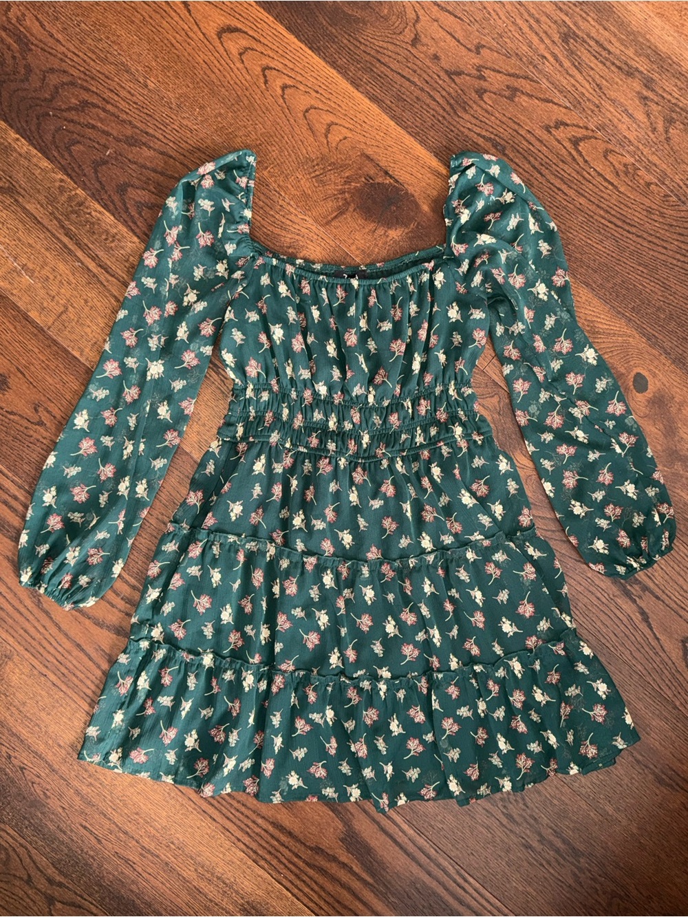 Trixxi Juniors Size 11 Hunter Green Floral Smocked Waist Tiered Dress